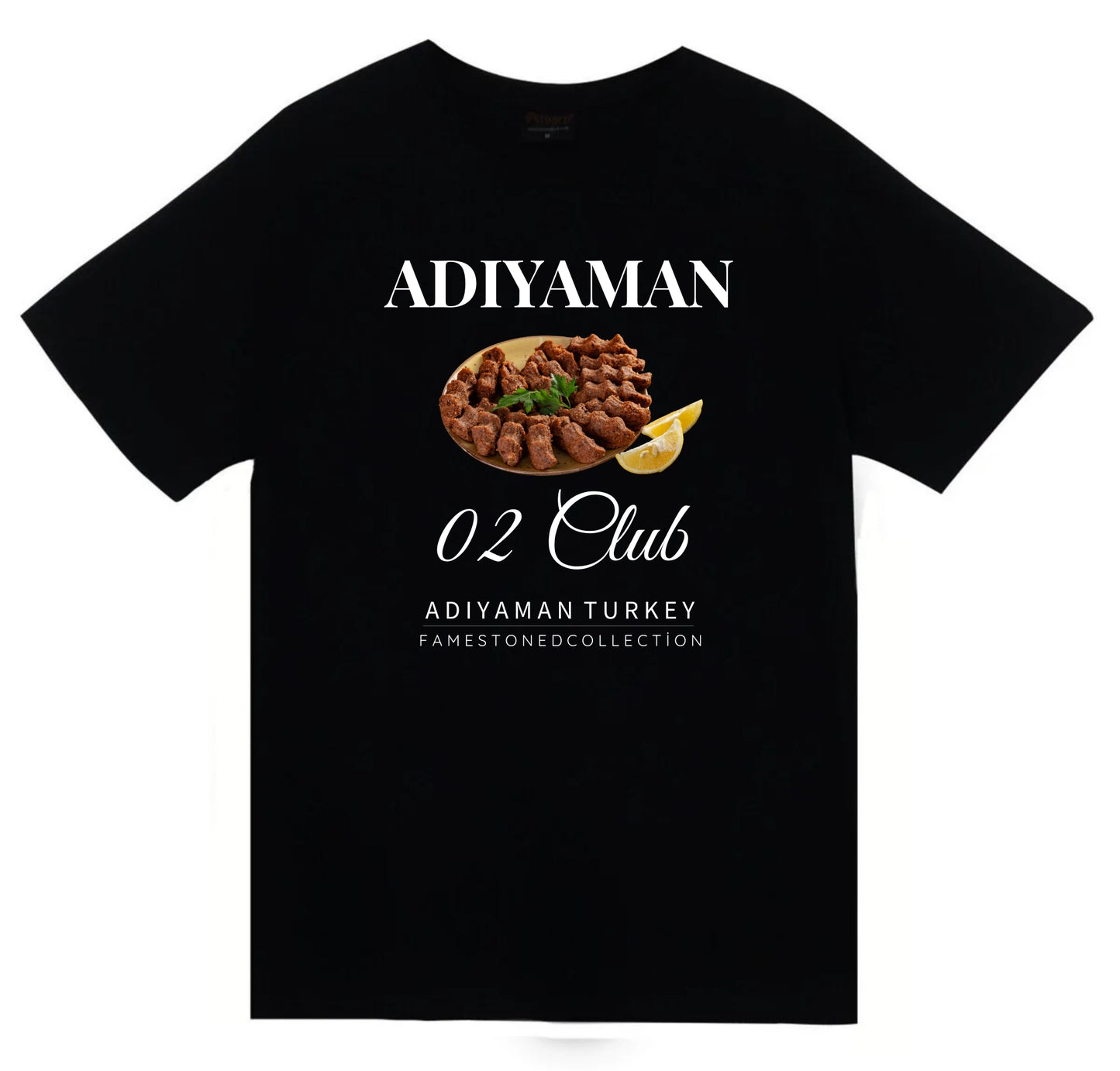 Adıyaman - 02 - Çiğköfte - Şehir Baskılı Unisex %100 Pamuk Siyah T-shirt