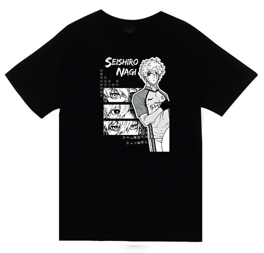 Blue Lock Nagi Seishiro Anime Baskılı Unisex %100 Pamuk Siyah T-shirt