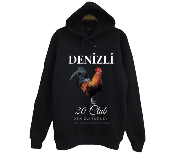 Denizli - 20 - Pamukkale - Horoz - Şehir baskılı siyah kapüşonlu sweatshirt