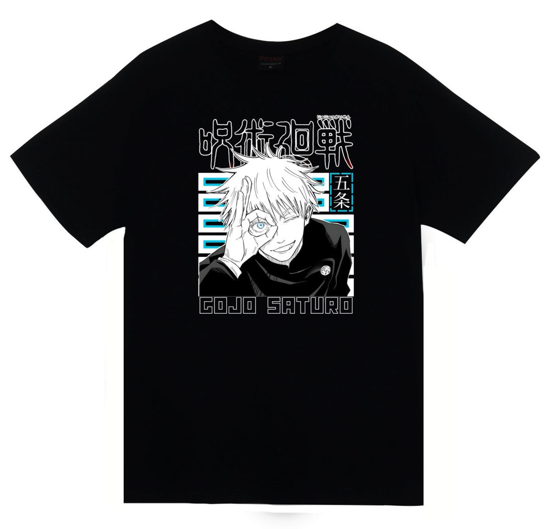 Jujutsu Kaisen Satoru Gojo Anime portresi baskılı siyah tişört