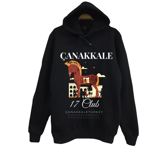Çanakkale - 17 - Troya - Şehitlik - Şehir Baskılı Unisex %100 Pamuk Siyah Kapüşonlu Sweatshirt