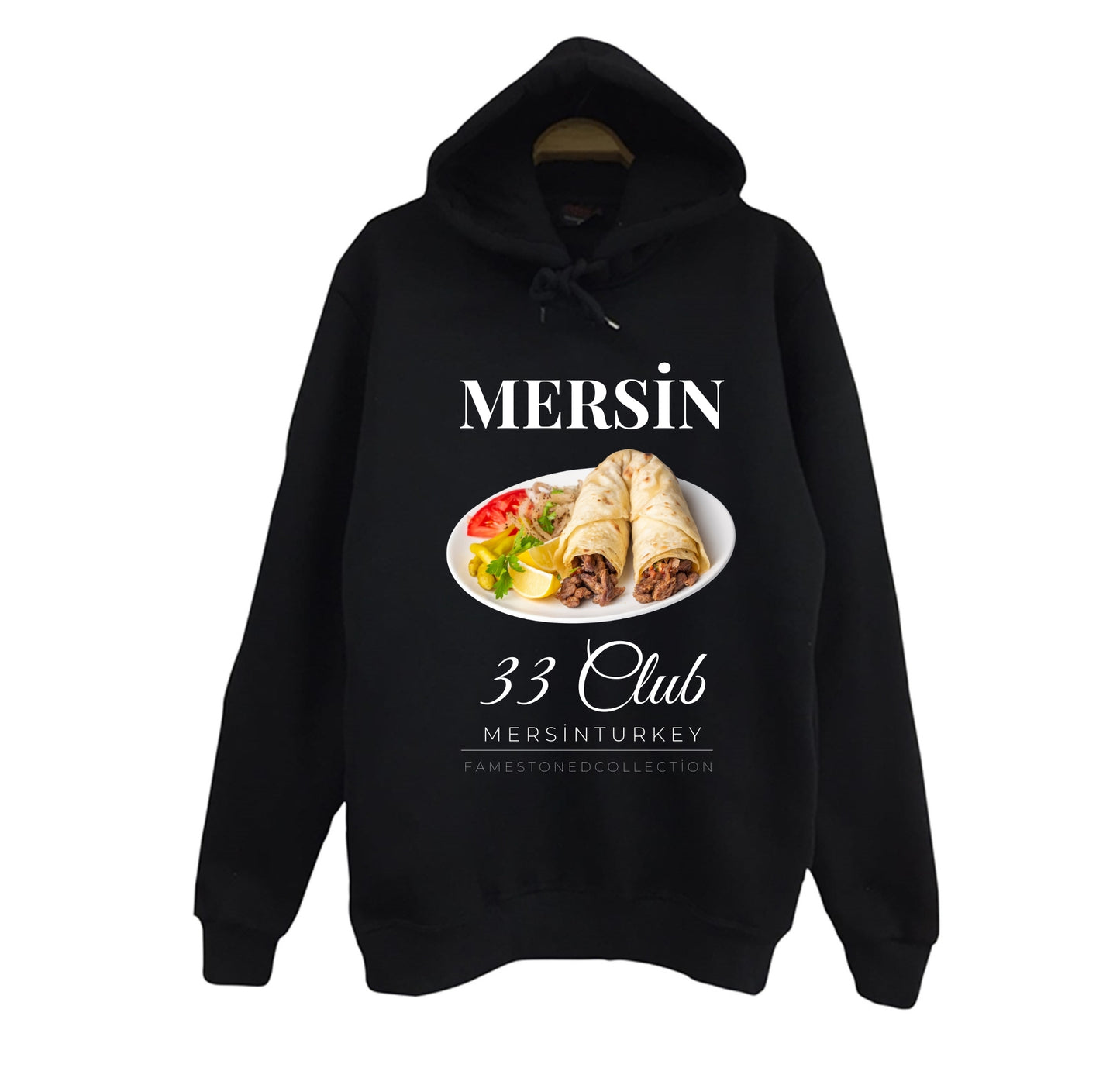Mersin - 33 - Tantuni - Kızkalesi - Şehir Baskılı Unisex %100 Pamuk Siyah Kapüşonlu Sweatshirt
