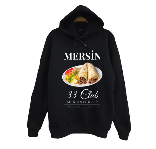 Mersin - 33 - Tantuni - Kızkalesi - Şehir Baskılı Unisex %100 Pamuk Siyah Kapüşonlu Sweatshirt