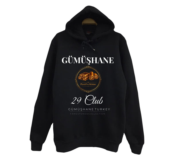 Gümüşhane - 29 - Pestil - Köme - Şehir baskılı siyah kapüşonlu sweatshirt