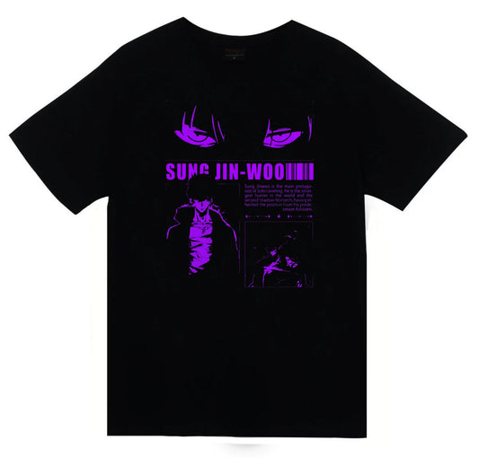 Solo Leveling - Sung Jin-Woo - Arise - Anime Baskılı Unisex %100 Pamuk Siyah T-shirt
