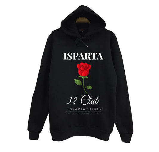 Isparta - 32 - Gül - Lavanta - Şehir Baskılı Unisex %100 Pamuk Siyah Kapüşonlu Sweatshirt