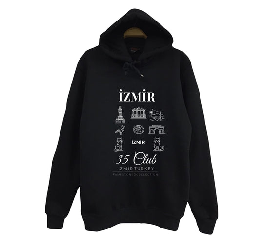 İzmir 35 Kordon Saat Kulesi Efes - Şehir Baskılı Unisex %100 Pamuk Siyah Kapüşonlu Sweatshirt