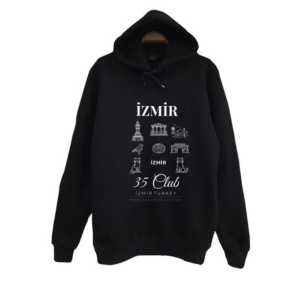 İzmir 35 Kordon Saat Kulesi Efes - Şehir baskılı siyah kapüşonlu sweatshirt