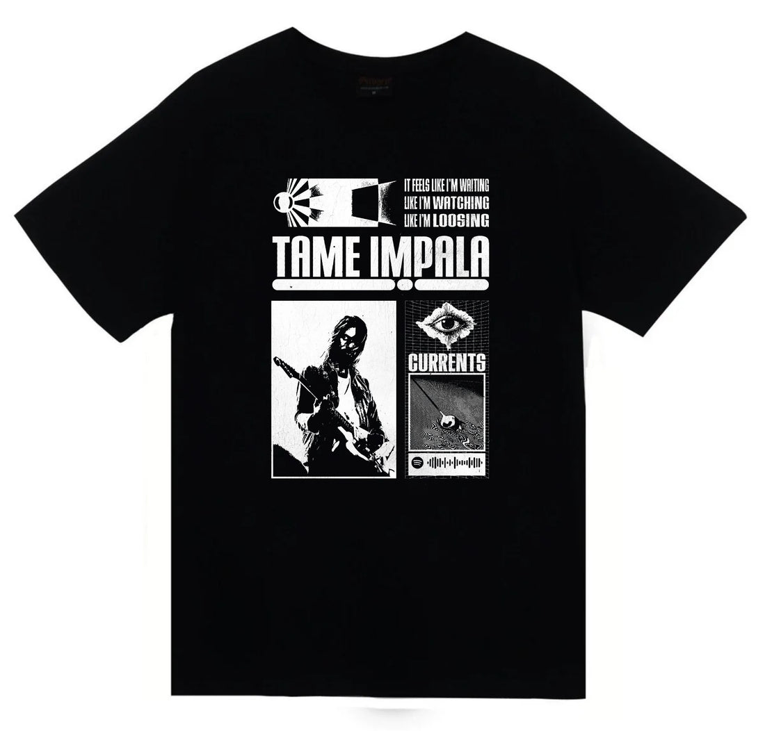 Tame Impala Müzik Grubu Siyah beyaz Currents afiş baskılı siyah tişört