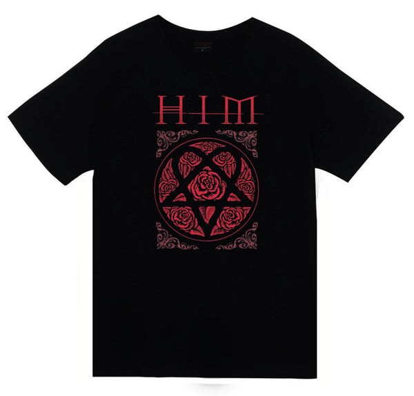 Him Kırmızı Heartagram amblemi baskılı siyah tişört