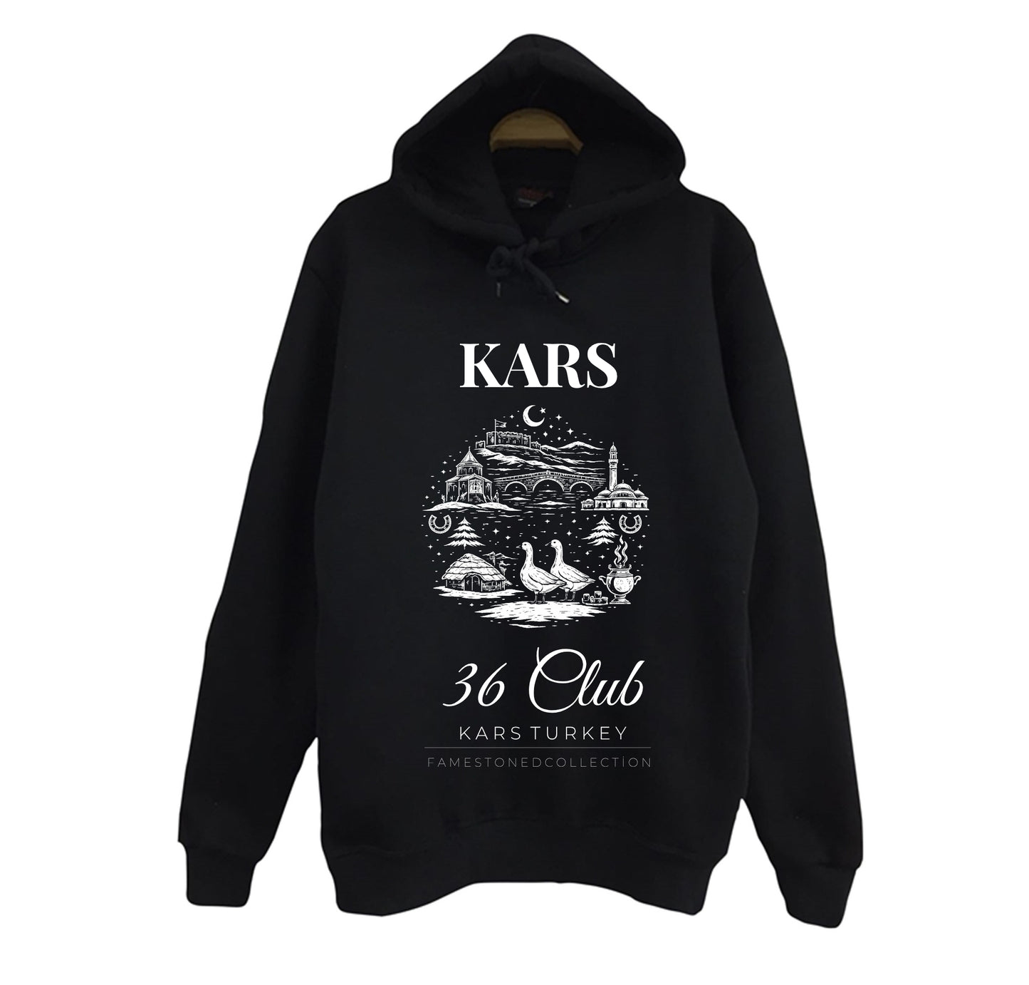 Kars 36 Ani Harabeleri Kars Kalesi Kaz Şehir Baskılı Unisex %100 Pamuk Siyah Kapüşonlu Sweatshirt