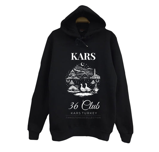 Kars 36 Ani Harabeleri Kars Kalesi Kaz Şehir Baskılı Unisex %100 Pamuk Siyah Kapüşonlu Sweatshirt