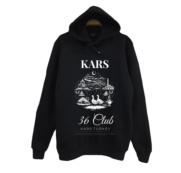 Kars 36 Ani Harabeleri Kars Kalesi Kaz Şehir baskılı siyah kapüşonlu sweatshirt