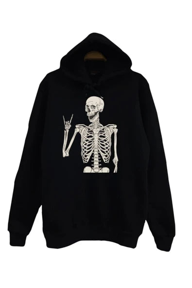 Iskelet Rib Cage Kurukafa Grafik baskılı siyah kapüşonlu sweatshirt