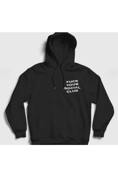 fame-stoned Fuck Your Social Club Sol Logo Baskılı Unisex %100 Pamuk Kapüşonlu Siyah Sweatshirt