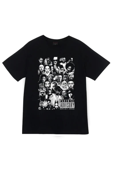 Hip Hop Songs Parental Advisory Rap efsaneleri siyah-beyaz portre baskılı siyah tişört