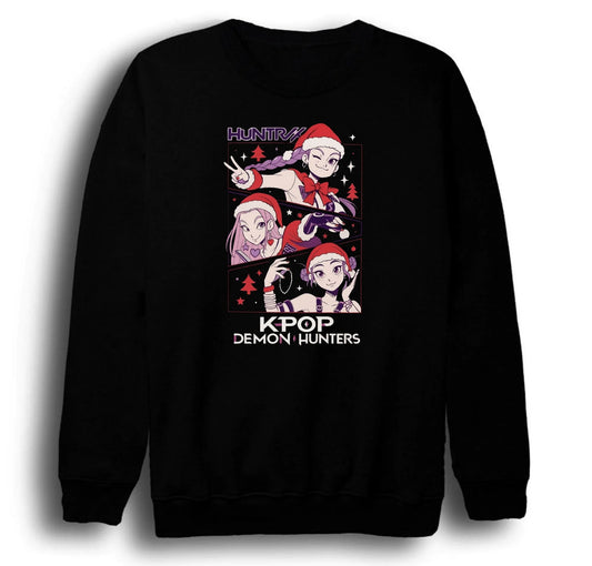 K-Pop Demon Hunters - Yılbaşı Baskılı Unisex %100 Pamuk Bisiklet Yaka Siyah Sweatshirt