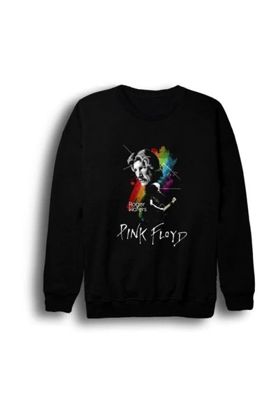 Pink Floyd Renkli sprey efektli müzisyen baskılı siyah sweatshirt
