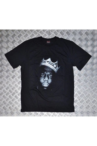 Bıggıe Notorious B.I.G. taçlı siyah-beyaz baskılı siyah tişört