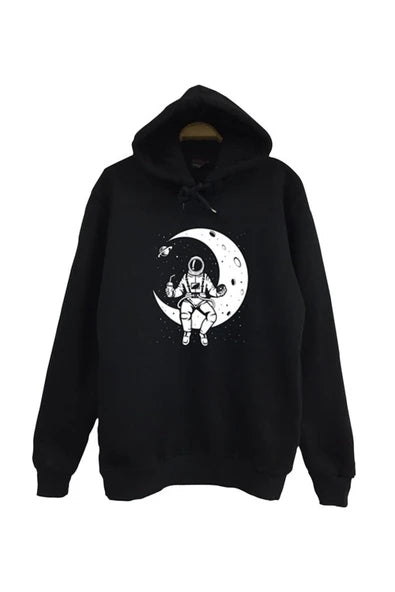 Astronot baskılı siyah kapüşonlu sweatshirt