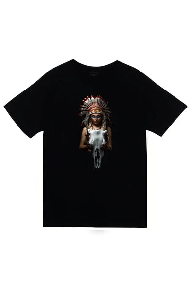 fame-stoned  Kızılderili Baskılı Unisex %100 Pamuk Siyah T-shirt