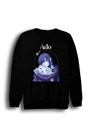 fame-stoned Ado Japon - K-Pop - Rock - Müzik Baskılı Unisex %100 Pamuk Bisiklet Yaka Siyah Sweatshirt