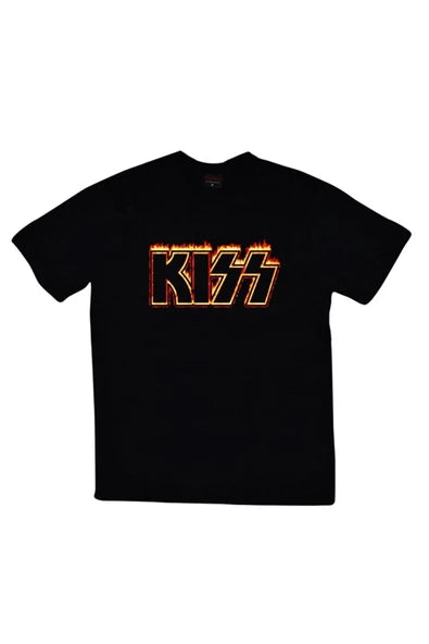 Kiss Logosu turuncu alev konturlu baskılı siyah tişört