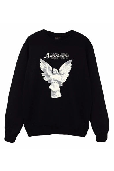 Anathema Logosu ve kanatlı melek baskılı siyah sweatshirt