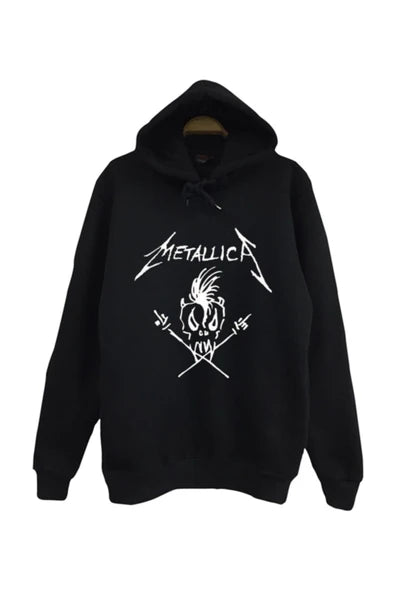 Metallica Scary Guy çizimi baskılı siyah kapüşonlu sweatshirt