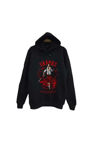 One Piece Shanks karakter afisi baskılı siyah kapüşonlu sweatshirt