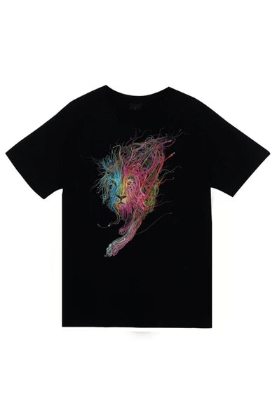 fame-stoned  Aslan, Hayvan Baskılı Unisex %100 Pamuk Siyah T-shirt