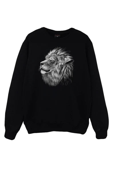 Aslan Siyah-beyaz kafası çizimi baskılı siyah sweatshirt
