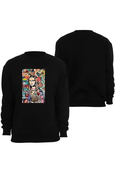 Leonardo Da Vinci - Mona Lisa Pop-art sticker kolajı baskılı siyah sweatshirt