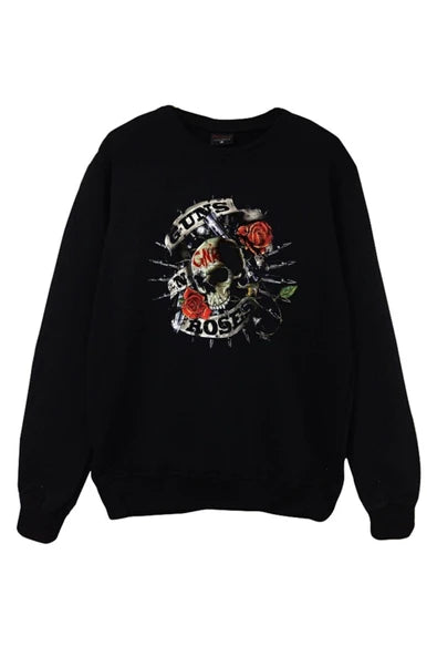 Guns N Roses Kurukafa ve güller baskılı siyah sweatshirt