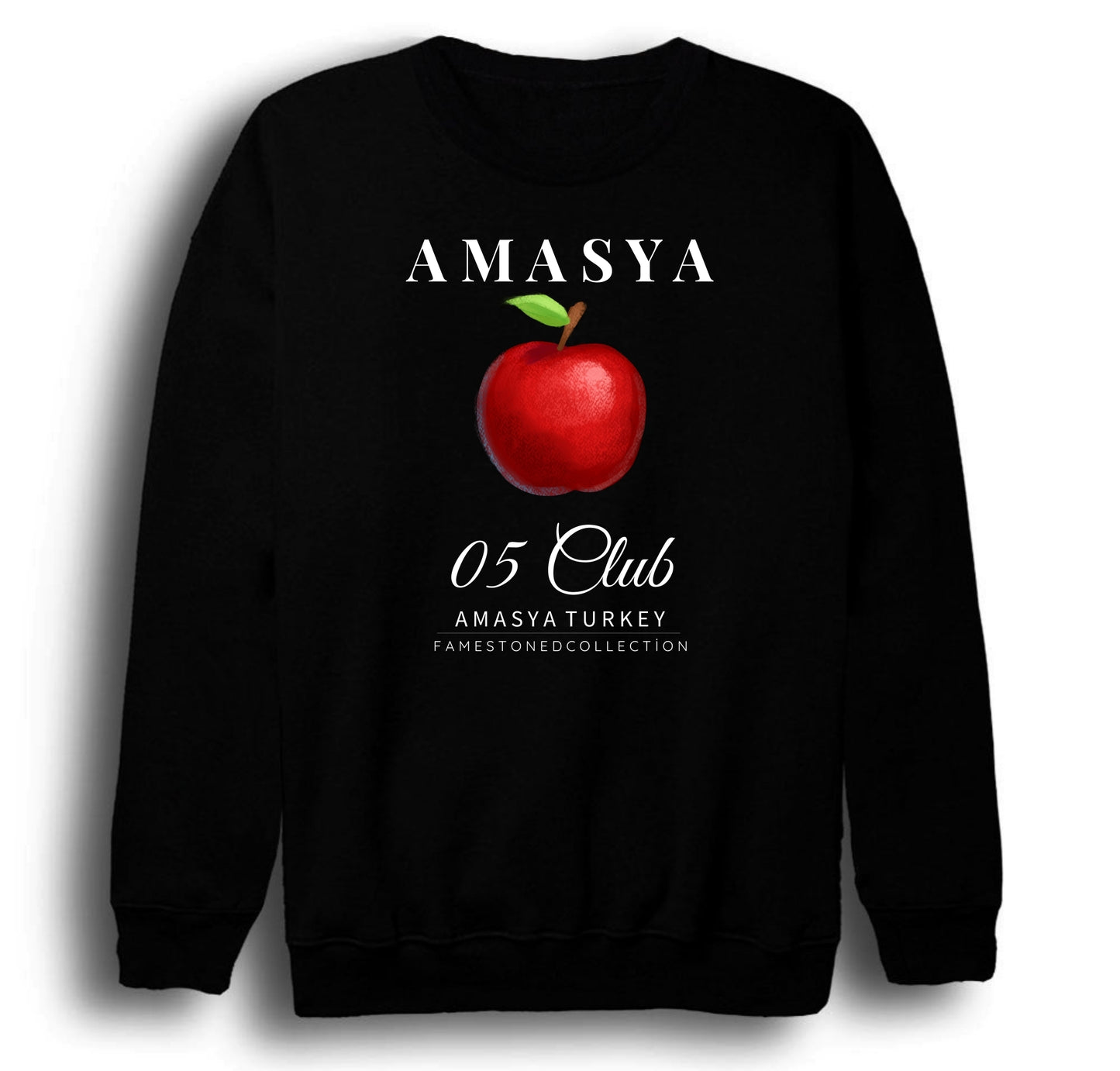 Amasya -05 - Elma - Şehir Baskılı Unisex %100 Pamuk Bisiklet Yaka Siyah Sweatshirt