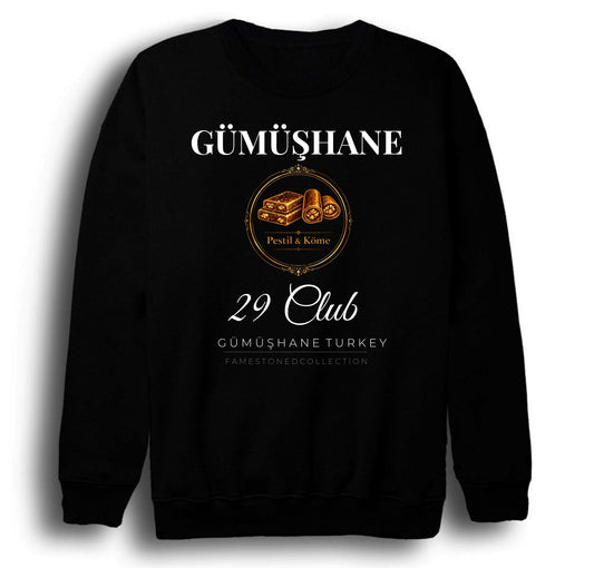 Gümüşhane - 29 - Pestil - Köme - Şehir Baskılı Unisex %100 Pamuk Siyah Bisiklet Yaka Sweatshirt
