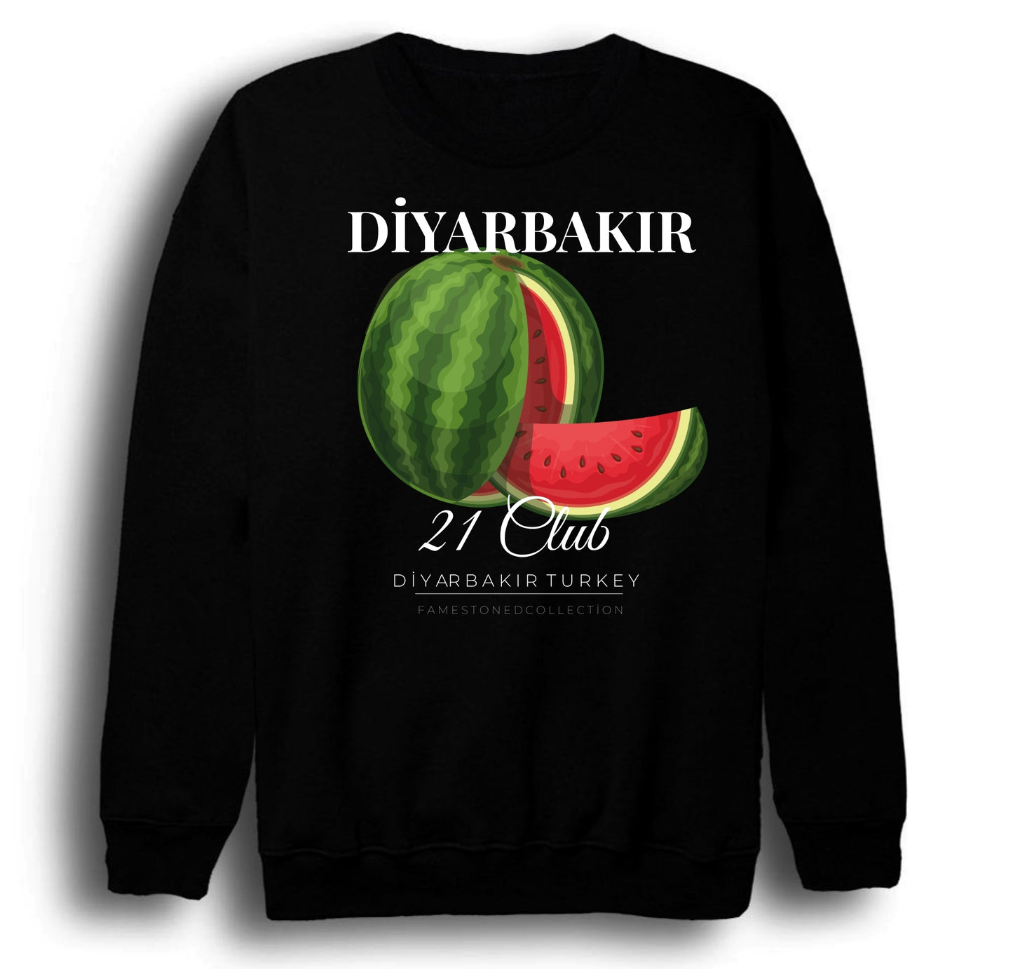 Diyarbakır - 21 - Surlar - Karpuz - Şehir Baskılı Unisex %100 Pamuk Siyah Bisiklet Yaka Sweatshirt