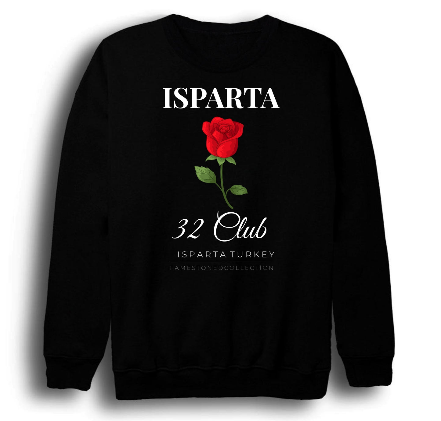 Isparta - 32 - Gül - Lavanta - Şehir Baskılı Unisex %100 Pamuk Siyah Bisiklet Yaka Sweatshirt