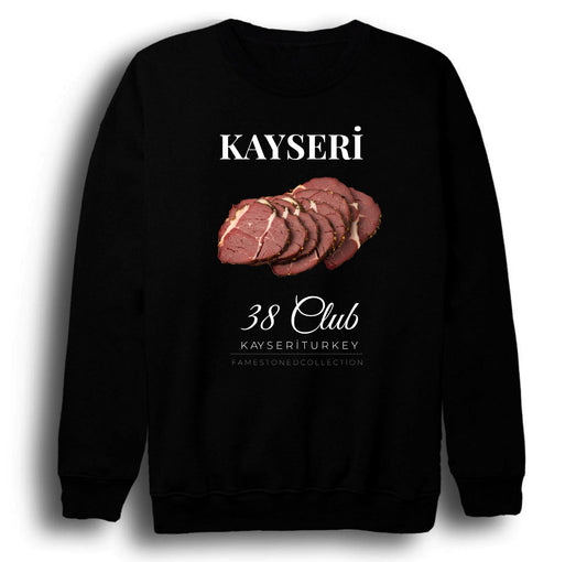 Kayseri 38 Erciyes Dağı Pastırma Şehir Baskılı Unisex %100 Pamuk Siyah Bisiklet Yaka Sweatshirt