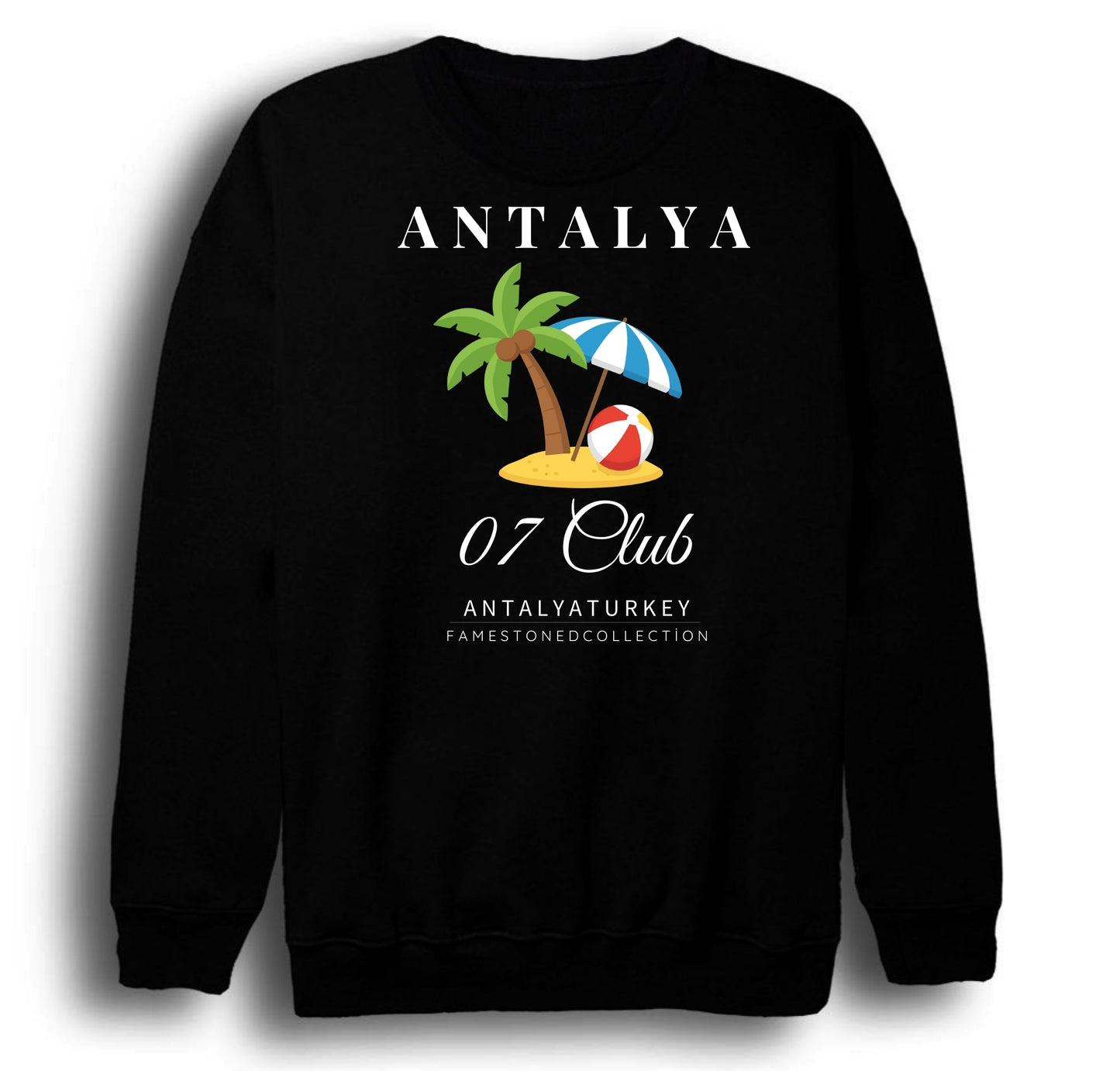 Antalya07BeachSahilDenizPlajYazTatili Şehir Baskılı Unisex %100 Pamuk Bisiklet Yaka Siyah Sweatshirt