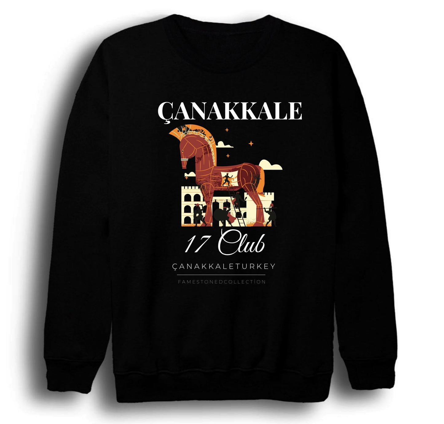 Çanakkale - 17 - Troya - Şehitlik - Şehir Baskılı Unisex %100 Pamuk Bisiklet Yaka Siyah Sweatshirt