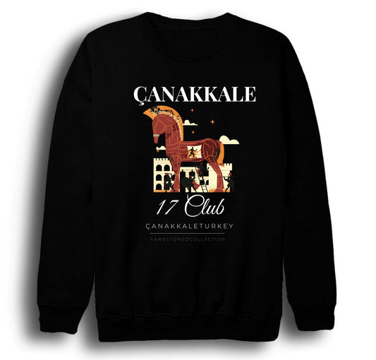 Çanakkale - 17 - Troya - Şehitlik - Şehir Baskılı Unisex %100 Pamuk Bisiklet Yaka Siyah Sweatshirt