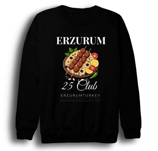 Erzurum 25 Palandöken - Cağ Kebabı - Şehir Baskılı Unisex %100 Pamuk Siyah Bisiklet Yaka Sweatshirt