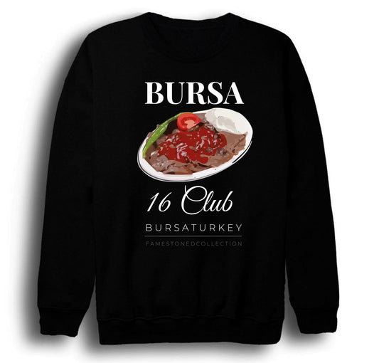 Bursa - 16 - Uludağ - İskender - Şehir Baskılı Unisex %100 Pamuk Bisiklet Yaka Siyah Sweatshirt
