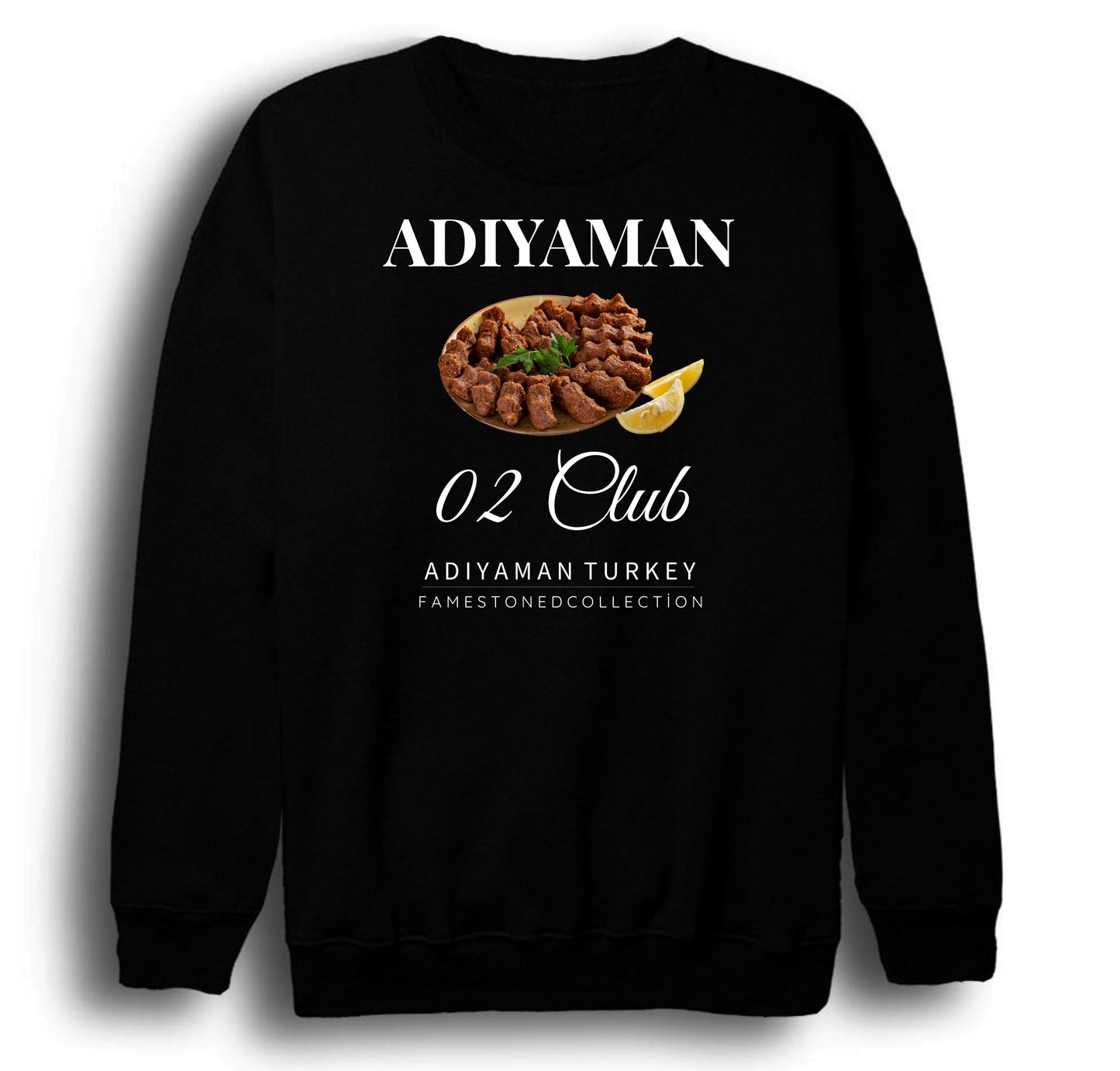 Adıyaman - 02 - Çiğköfte - Şehir Baskılı Unisex %100 Pamuk Bisiklet Yaka Siyah Sweatshirt