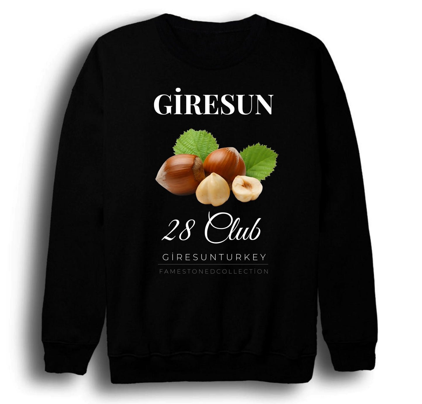 Giresun - 28 - Fındık - Ada - Şehir Baskılı Unisex %100 Pamuk Siyah Bisiklet Yaka Sweatshirt
