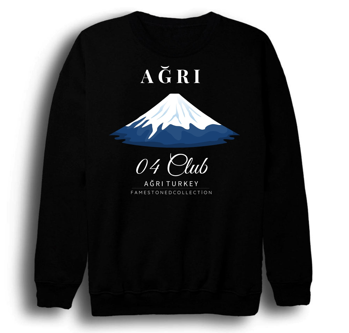 Ağrı - 04 - Dağ - Ağrı Dağı - Şehir Baskılı Unisex %100 Pamuk Bisiklet Yaka Siyah Sweatshirt