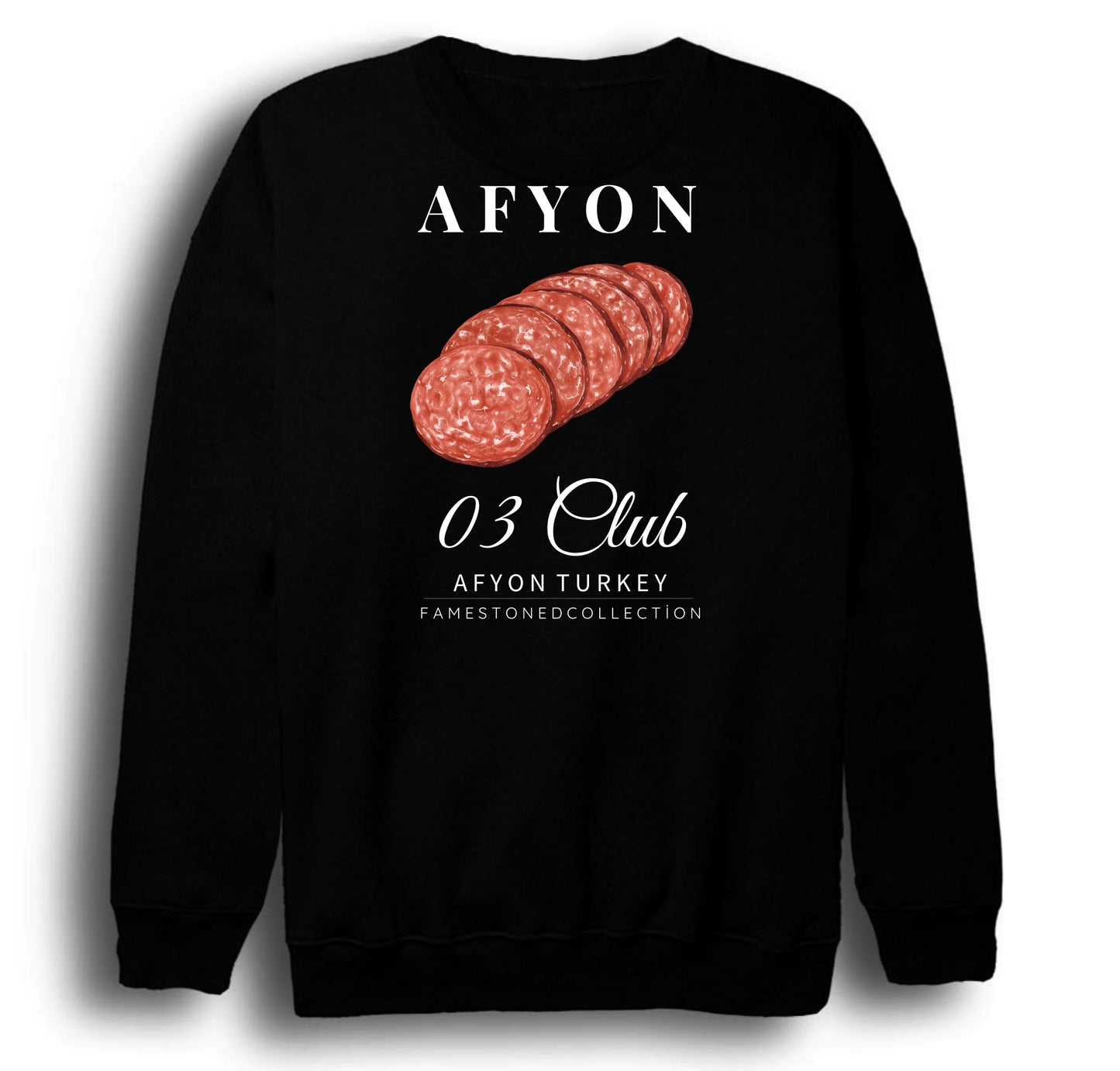 Afyon - 03 - Sucuk- Şehir Baskılı Unisex %100 Pamuk Bisiklet Yaka Siyah Sweatshirt