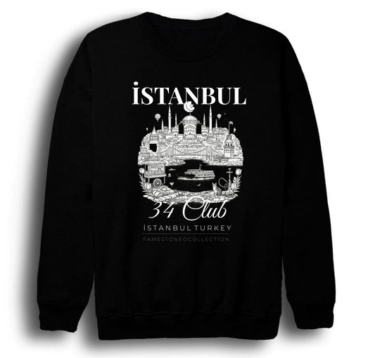 İstanbul 34 Boğaz Ayasofya Galata - Şehir Baskılı Unisex %100 Pamuk Siyah Bisiklet Yaka Sweatshirt