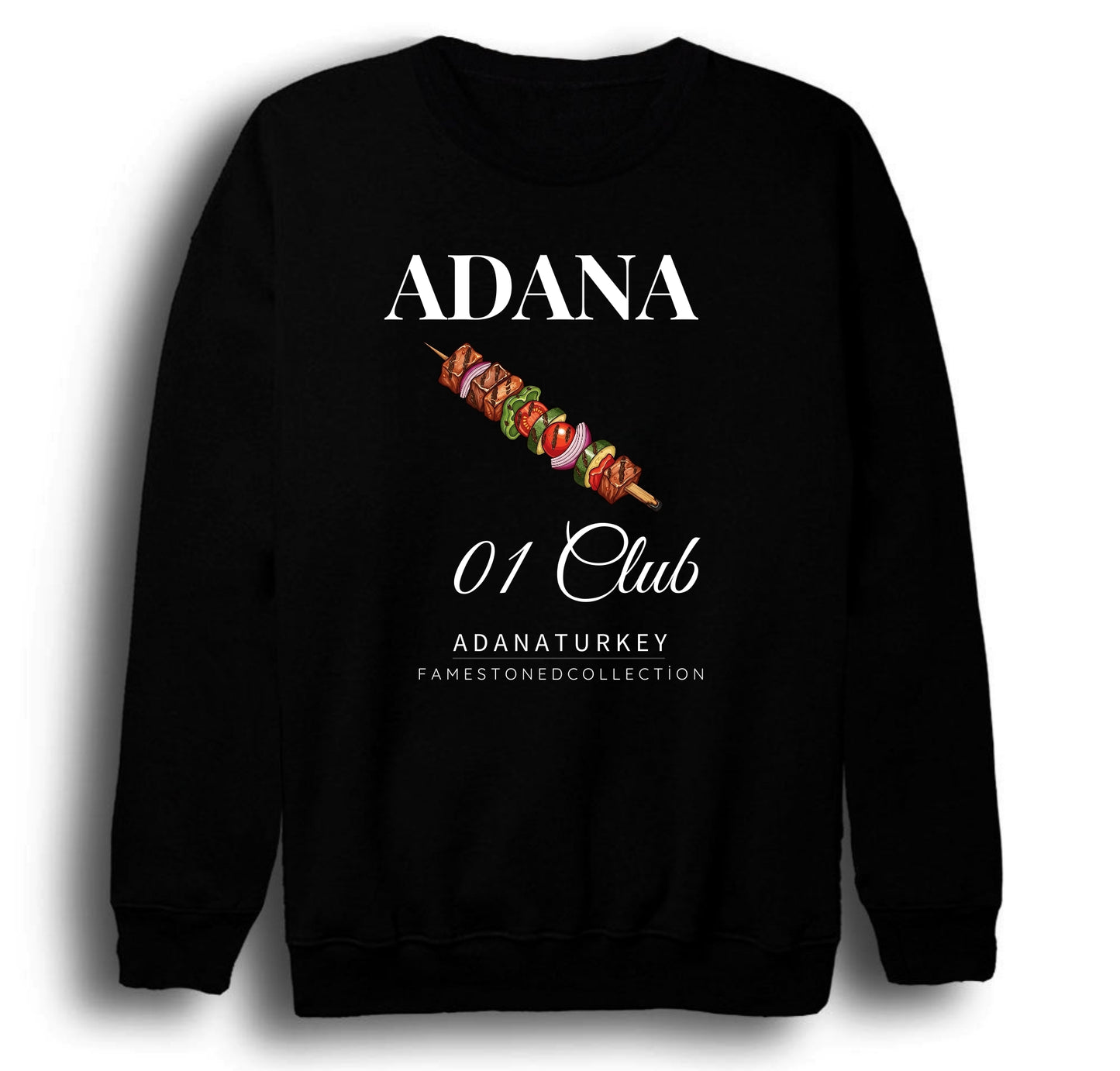 Adana - 01 - Kebap - Şehir Baskılı Unisex %100 Pamuk Bisiklet Yaka Siyah Sweatshirt
